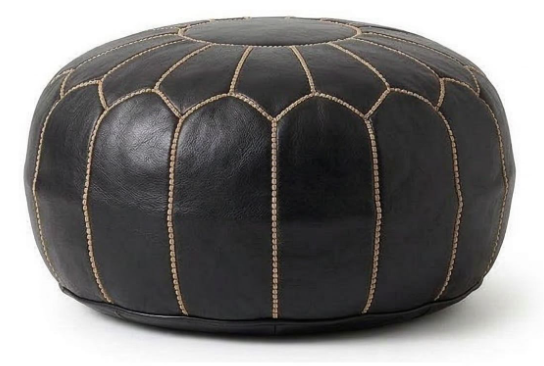 Pouf Marocain Rond en Cuir Noir –  Artisanal pour Salon et Décoration