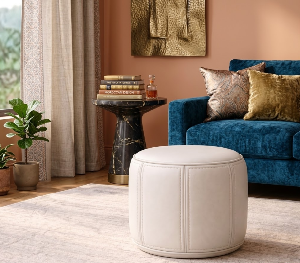 Pouf rond en cuir blanc – Style moderne et élégant