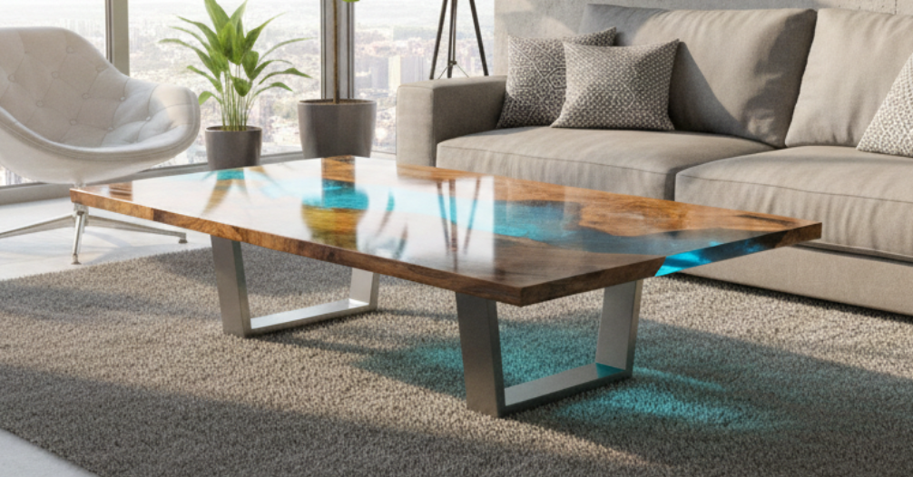 Table basse en bois et époxy