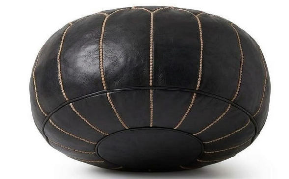 Pouf Marocain Rond en Cuir Noir –  Artisanal pour Salon et Décoration