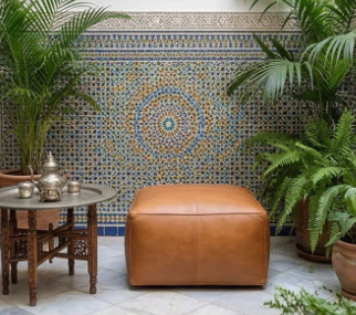 Pouf Carré en Cuir Camel – Élégance Artisanale et Confort