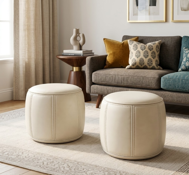 Pouf rond en cuir blanc – Style moderne et élégant
