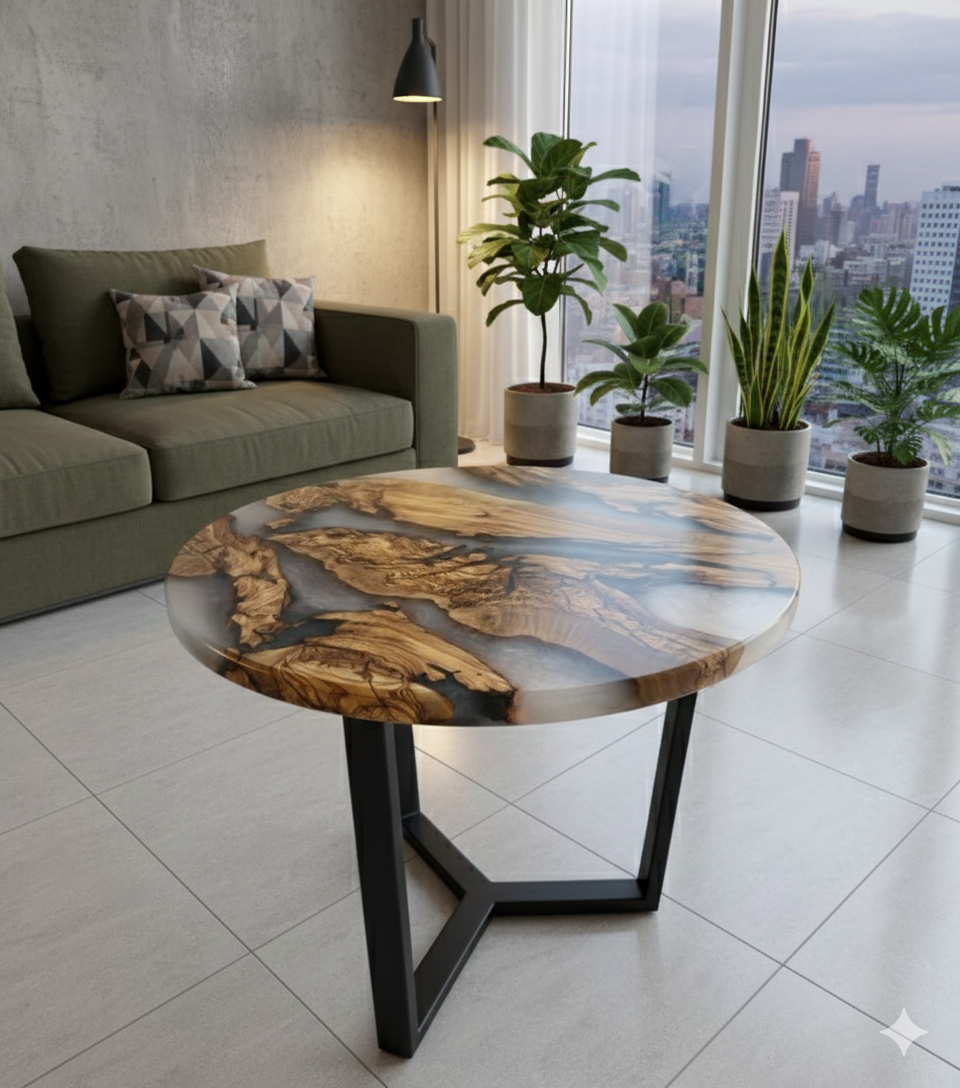 Table ronde en bois nature et époxy