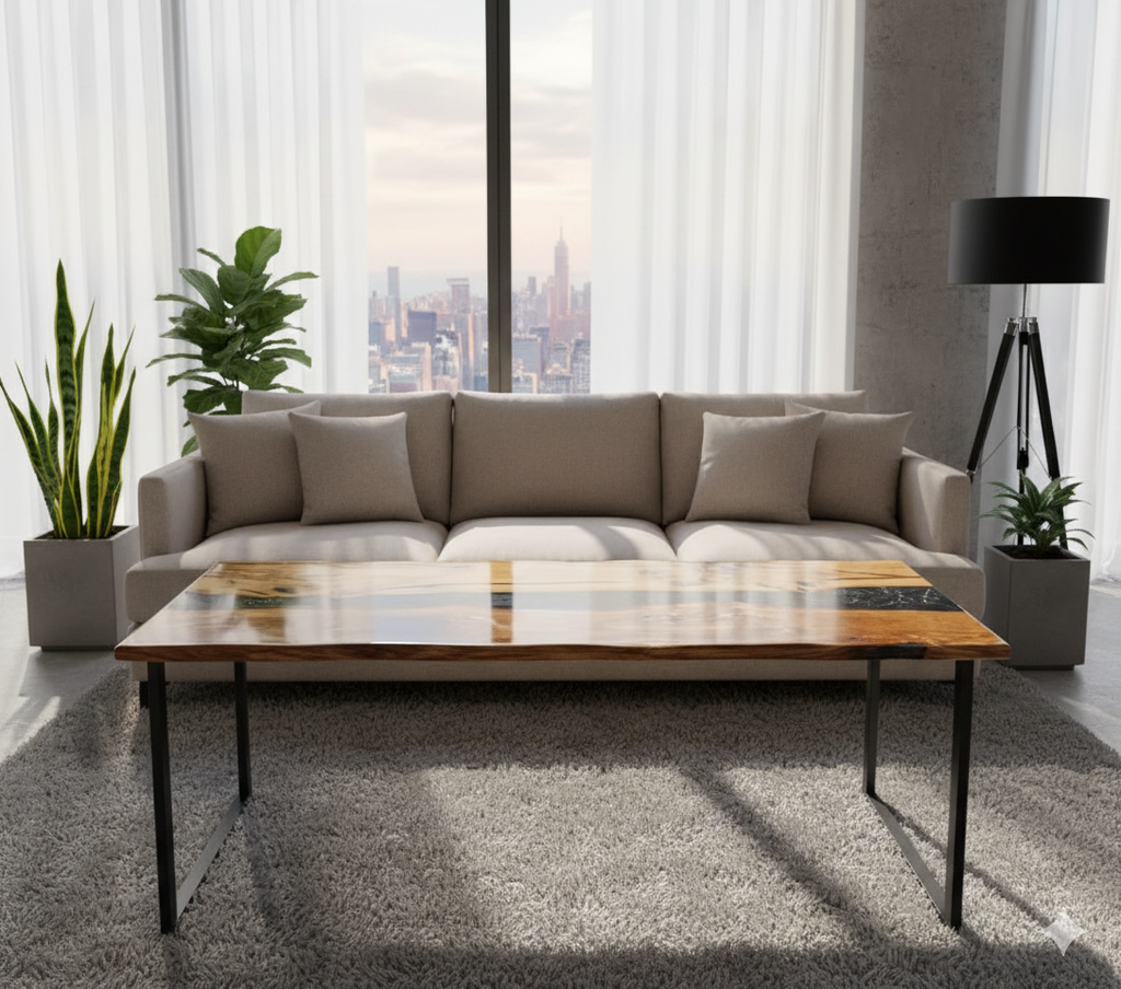 Table en bois massif et résine époxy en forme parallélogramme.