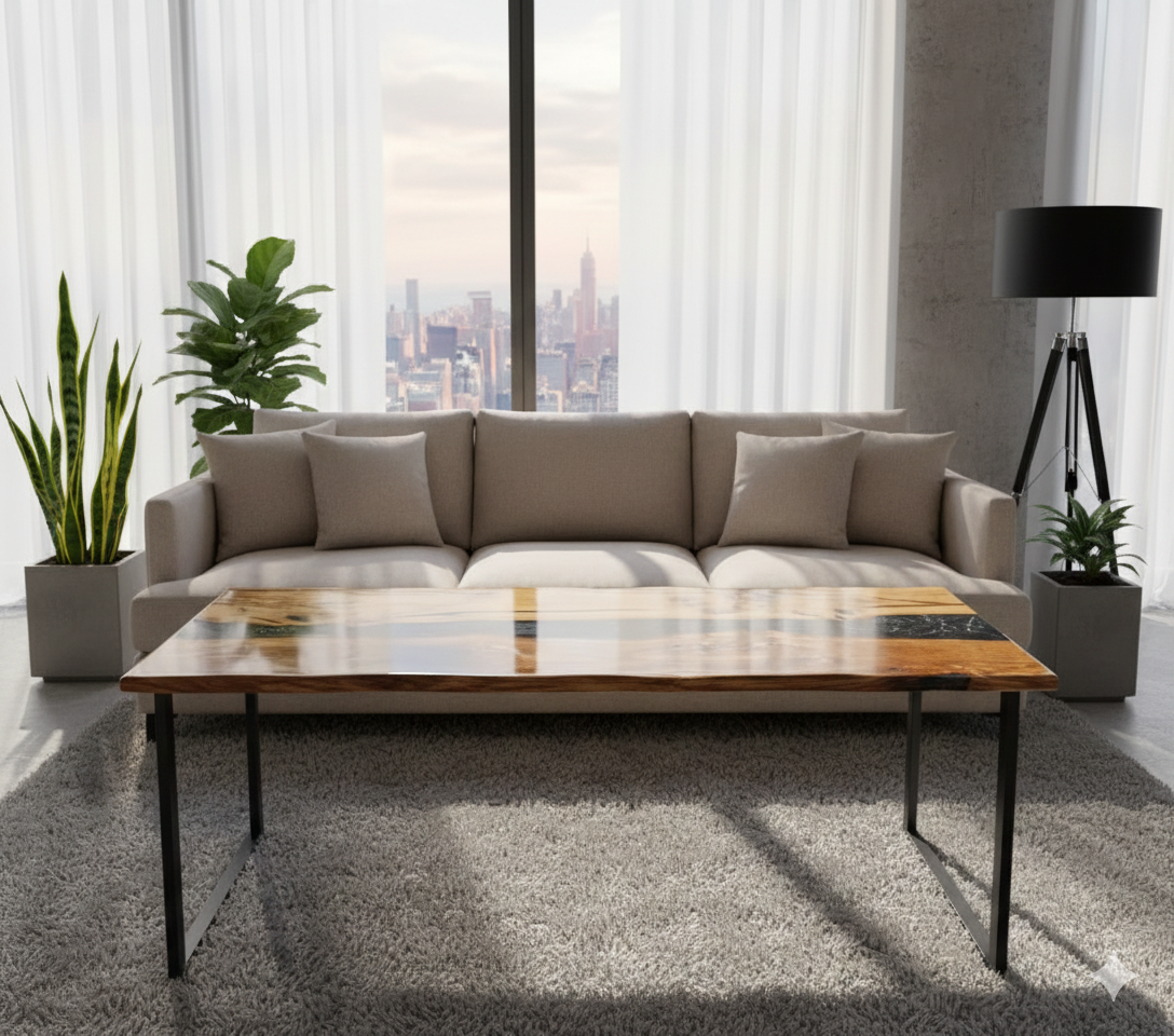 Table en bois massif et résine époxy en forme parallélogramme.