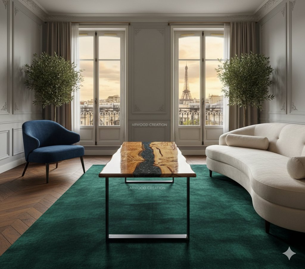 Table en bois massif et résine époxy en forme parallélogramme.